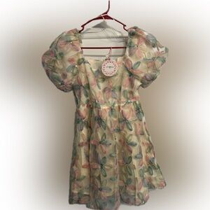 Umgee Cream Organza Dress with Pastel Pink Blue & Green Floral Appliqués